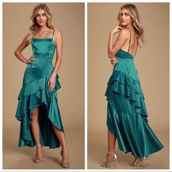 Lulus Yori Teal Green Satin Ruffled High-Low Maxi Dress - Picture 8 of 16